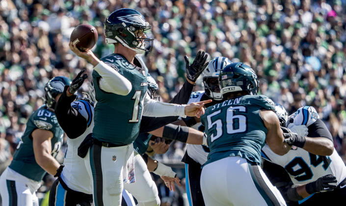 October 18, 2026, Philadelphia, Pa, USA: Oct 18, 2026; Philadelphia, PA, USA; Philadelphia Eagles quarterback Tanner McKee (16) throws a pass during the NFL, American Football Herren, USA football matchup between the Carolina Panthers and Philadelphia Eagles during the NFL football matchup between the Carolina Panthers and Philadelphia Eagles at Lincoln Financial Field. Mandatory Credit: -Cal Media NFL 2026: Panthers Vs Eagles OCT 18  - ZUMAcs17 20261018_faf_cs17_012 Copyright: xScottxSeriox