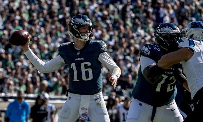 October 18, 2026, Philadelphia, Pa, USA: Oct 18, 2026; Philadelphia, PA, USA; Philadelphia Eagles quarterback Tanner McKee (16) throws a pass during the NFL, American Football Herren, USA football matchup between the Carolina Panthers and Philadelphia Eagles during the NFL football matchup between the Carolina Panthers and Philadelphia Eagles at Lincoln Financial Field. Mandatory Credit: -Cal Media NFL 2026: Panthers Vs Eagles OCT 18  - ZUMAcs17 20261018_faf_cs17_014 Copyright: xScottxSeriox