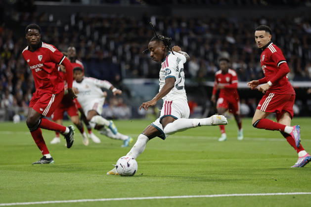 RECORD DATE NOT STATED Yan Diomande (Real Madrid CF) shoot during the LaLiga EA Sports match between Real Madrid CF and Sevilla FC at Estadio Santiago Bernabéu on October 18, 2026 in Madrid, Spain. (Photo by Manu Reino DeFodi Images) -