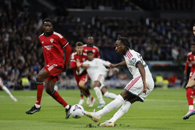 RECORD DATE NOT STATED Yan Diomande (Real Madrid CF) shoot during the LaLiga EA Sports match between Real Madrid CF and Sevilla FC at Estadio Santiago Bernabéu on October 18, 2026 in Madrid, Spain. (Photo by Manu Reino DeFodi Images) -