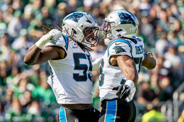 Carolina Panthers linebacker Devin Lloyd (55) and inside linebacker Bobby Okereke (58) celebrate after they sacked Philadelphia Eagles quarterback Tanner McKee (16) in the first quarter of NFL, American Football Herren, USA action at Lincoln Financial Field in Philadelphia, Pennsylvania on Sunday, October 18, 2016.  PHI20261018004 LAURENCExKESTERSON