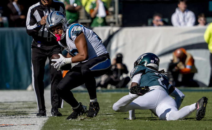 October 18, 2026, Philadelphia, Pa, USA: Oct 18, 2026; Philadelphia, PA, USA; Carolina Panthers wide receiver Jalen Coker (18) looks to turn the ball off the field for a first down during the NFL, American Football Herren, USA football matchup between the Carolina Panthers and Philadelphia Eagles at Lincoln Financial Field. The Panthers defeated the Eagles 25-14.Mandatory Credit: -Cal Media Philadelphia USA - ZUMAcs17 20261018_faf_cs17_043 Copyright: xScottxSeriox