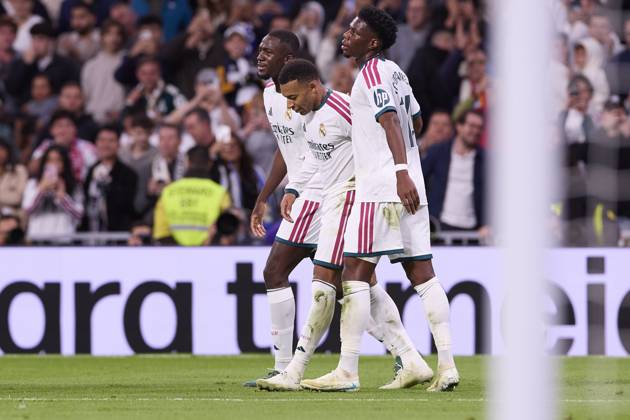 October 18, 2026, Madrid, Spain: (From L to R) Ibrahima Konate, Kylian Mbappe and Aurelien Tchouameni (Real Madrid CF) celebrate a goal during the LaLiga EA SPORTS 2026 2027 match between Real Madrid CF and Sevilla FC..Final score: Real Madrid CF 4-1 Sevilla FC. Madrid Spain - ZUMAs197 20261018_aaa_s197_259 Copyright: xFedericoxTitonex