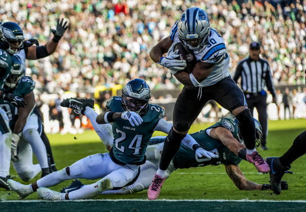 October 18, 2026, Philadelphia, Pa, USA: Oct 18, 2026; Philadelphia, PA, USA; Carolina Panthers running back Chuba Hubbard (30) rushes for a touchdown during the NFL, American Football Herren, USA football matchup between the Carolina Panthers and Philadelphia Eagles at Lincoln Financial Field. The Panthers defeated the Eagles 25-14.Mandatory Credit: -Cal Media Philadelphia USA - ZUMAcs17 20261018_faf_cs17_054 Copyright: xScottxSeriox