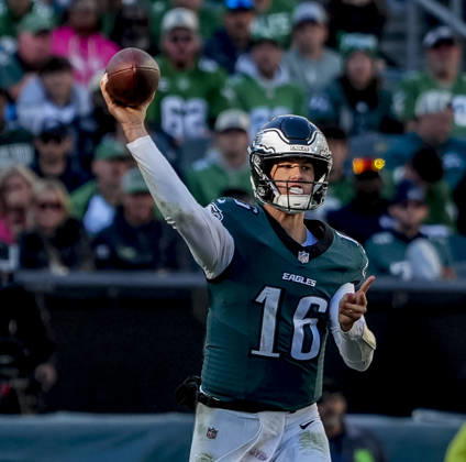 October 18, 2026, Philadelphia, Pa, USA: Oct 18, 2026; Philadelphia, PA, USA; Philadelphia Eagles quarterback Tanner McKee (16) throws a pass during the NFL, American Football Herren, USA football matchup between the Carolina Panthers and Philadelphia Eagles at Lincoln Financial Field. The Panthers defeated the Eagles 25-14.Mandatory Credit: -Cal Media Philadelphia USA - ZUMAcs17 20261018_faf_cs17_049 Copyright: xScottxSeriox