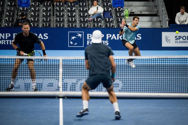 Michael Venus of New Zealand and Petr Nouza pictured in action during the European Open ATP, Tennis Herren tennis tournament in Brussels, on Monday 19 October. This year s edition of the tournament is taking place from 17 to 25 October JASPERxJACOBS  x190284722x