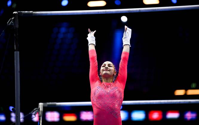 Netherlands Artistic Gymnastics World Championships Qualifiers 9268670 19.10.2026 Liudmila Roshchina of Team World Gymnastics Neutral Athletes 2 competes on the uneven bars during the women s qualification of the 2026 World Artistic Gymnastics Championships in Rotterdam, the Netherlands. Alexey Filippov Sputnik Rotterdam Netherlands  Copyright: xAlexeyxFilippovx