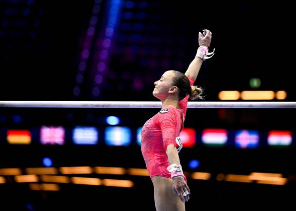 Netherlands Artistic Gymnastics World Championships Qualifiers 9268672 19.10.2026 Alena Glotova of Team World Gymnastics Neutral Athletes 2 competes on the uneven bars during the women s qualification of the 2026 World Artistic Gymnastics Championships in Rotterdam, the Netherlands. Alexey Filippov Sputnik Rotterdam Netherlands  Copyright: xAlexeyxFilippovx
