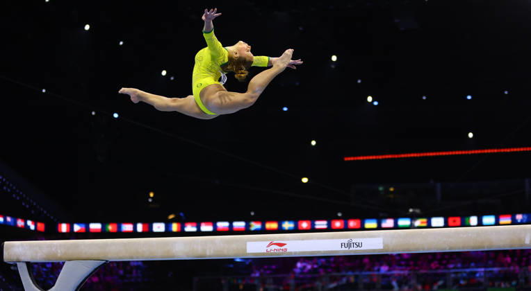 October 19, 2026, Rotterdam, Netherlands: FLAVIA SARAIVA of Brazil competes on the balance beam during the Women s Qualifications of the 54th Artistic Gymnastics World Championships at the Ahoy Arena in Rotterdam, Netherlands. Rotterdam Netherlands - ZUMAc179 20261019_zep_c179_163 Copyright: xMickaelxChavetx