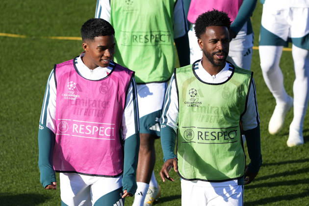 REAL MADRID CF v RB LEIPZIG. CHAMPIONS LEAGUE 2026 2027. ROUND 3. Real Madrid CF s Endrick Felipe Moreira (l) and Vinicius Junior during training session prior to the Champions League round 3 match against RB Leipzig. October 20 2026. (ALTERPHOTOS Acero) MadridSpain Copyright: xAcerox