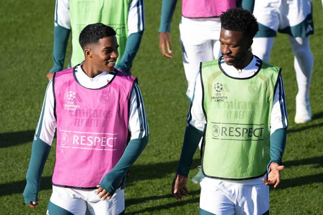 REAL MADRID CF v RB LEIPZIG. CHAMPIONS LEAGUE 2026 2027. ROUND 3. Real Madrid CF s Endrick Felipe Moreira (l) and Vinicius Junior during training session prior to the Champions League round 3 match against RB Leipzig. October 20 2026. (ALTERPHOTOS Acero) MadridSpain Copyright: xAcerox