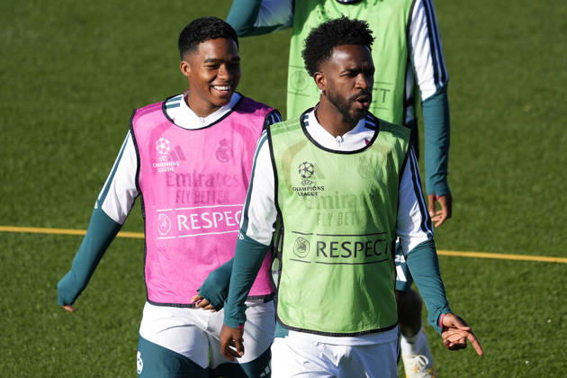 REAL MADRID CF v RB LEIPZIG. CHAMPIONS LEAGUE 2026 2027. ROUND 3. Real Madrid CF s Endrick Felipe Moreira (l) and Vinicius Junior during training session prior to the Champions League round 3 match against RB Leipzig. October 20 2026. (ALTERPHOTOS Acero) MadridSpain Copyright: xAcerox