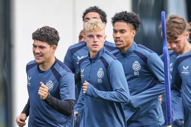 Club s Kyriani Sabbe; Club s Joaquin Seys and Club s Felix Lemarechal pictured during a training session of Belgian soccer team Club Brugge KV, Tuesday 20 October 2026 in Knokke-Heist. Club is preparing for the third game in the UEFA Champions League league phase against French team Racing Club de Lens tomorrow. BRUNOxFAHY  x190372907x