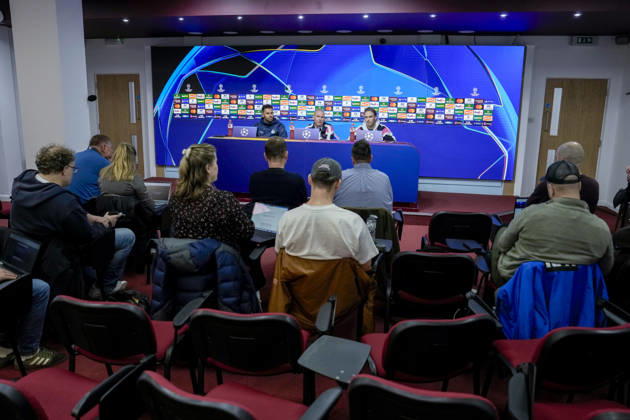 Soccer, Champions League 2026–2027 Press Conference for Aston Villa vs. Viking, Birmingham, England, October 20, 2026 Viking coaches Morten Jensen and Gianni Stensness during a press conference, on the day of the Champions League soccer match between Aston Villa and Viking at Villa Park in Birmingham. Photo: Beate Oma Dahle, NTB, Birmingham, England. EDITORIAL USE ONLY. RESTRICTED USE FOR BETTING COMPANIES.  Copyright: xBeatexOmaxDahlex xNTBx