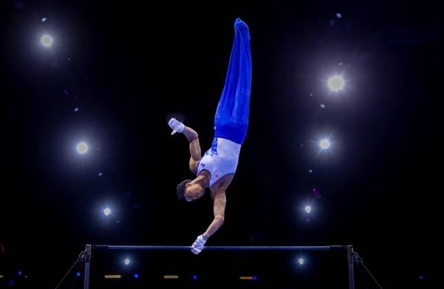 ROTTERDAM - Elijah Faverus in action during the men s team final at the World Gymnastics Championships in Rotterdam Ahoy. IRIS VAN DEN BROEK ANP xVIxANPxSportx xxANPxIVx 573089027 originalFilename: 573089027.jpg