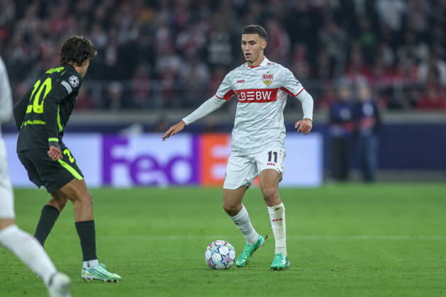 GER, Stuttgart, VfB Stuttgart vs Atletico Madrid, Fussball, UEFA, Spielzeit 2026 2027, Champions League, MHP-Arena, 3. Spieltag im Bild v.l.: Bilal El Khannouss (VfB Stuttgart 11) DFB DFL REGULATIONS PROHIBIT ANY USE OF PHOTOGRAPHS AS IMAGE SEQUENCES AND OR QUASI-VIDEO, 200.2026 Copyright: HMBxMedia HendrikxHamelau
