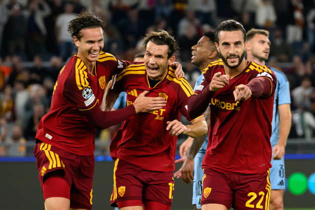 Mario Hermoso of AS Roma celebrates with Daniele Ghilardi and Marten De Roon after scoring the goal of 1-0 during the UEFA Champions League 2026 2027 football match between AS Roma and Slovan Bratislava at Stadio Olimpico in Rome (Italy), October 20, 2026. AndreaxStaccioli