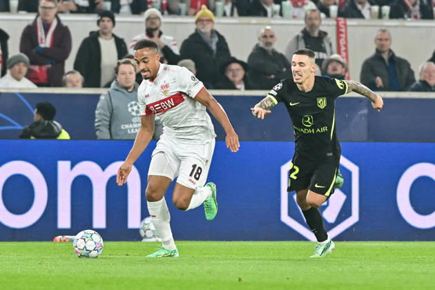 STUTTGART, GERMANY; 20. OCTOBER: tackle between Jamie LEWELING (VfB Stuttgart 18) and Alejandro GRIMALDO (Atletico Madrid 22) during the UEFA Champions League Match between VfB Stuttgart vs. Atletico Madrid at Matchday 3 at MHP Arena Copyright: xBEAUTIFULxSPORTS Goldbergx