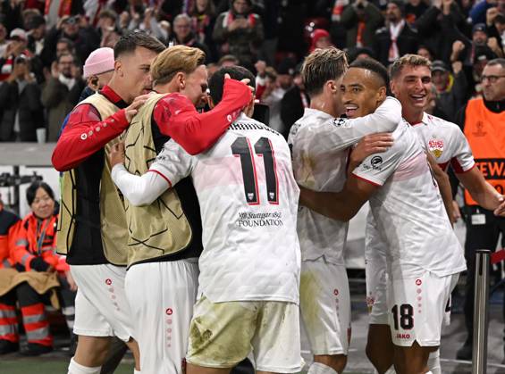 20.10.2026, Fussball UEFA Champions-League League 2026 2027, 3.Spieltag, VfB Stuttgart - Atletico Madrid, in der MHP-Arena Stuttgart, Torjubel Jamie Leweling (Stuttgart)