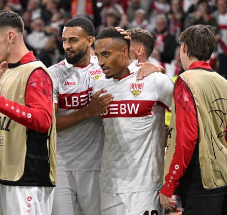 20.10.2026, Fussball UEFA Champions-League League 2026 2027, 3.Spieltag, VfB Stuttgart - Atletico Madrid, in der MHP-Arena Stuttgart, Torjubel Jamie Leweling (Stuttgart)