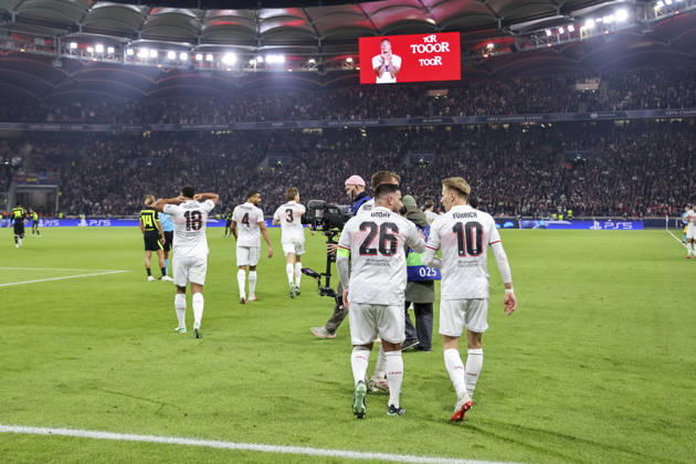 Torjubel VfB Stuttgart beim 1:0 durch Jamie Leweling (VfB Stuttgart, 18), Freude, Begeisterung, positive Emotionen, Torerfolg , Deutschland, Fussball, UEFA Champions League, 3. Spieltag, 2026 2027, VfB Stuttgart vs. Atletico Madrid, 20.10.2026, Stuttgart Arena Stuttgart Deutschland Copyright: xGrantxHubbsx