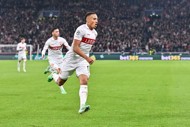 STUTTGART, GERMANY; 20. OCTOBER: Stuttgart celebrate the goal to make it 1-0 by Jamie LEWELING (VfB Stuttgart 18) Tor Torschuetze Freude Happy during the UEFA Champions League Match between VfB Stuttgart vs. Atletico Madrid at Matchday 3 at MHP Arena Copyright: xBEAUTIFULxSPORTS Goldbergx