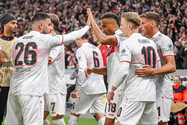 Jamie Leweling (VfB Stuttgart) celebrates after scoring his team s first goal with teammates during the UEFA Champions League 2026 2027 match between Stuttgart and Atlético de Madrid at Arena Stuttgart on October 20, 2026 in Stuttgart, Germany. (Photo by Harry Langer DeFodi Images) -