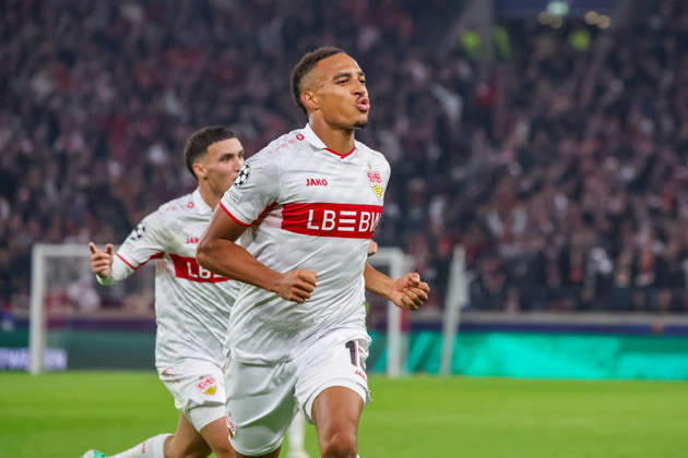 20.10.26 VfB Stuttgart - Atletico Madrid Deutschland, Stuttgart, 20.10.2026, Fussball, UEFA Champions League, Saison 2026 2027, VfB Stuttgart - Atletico Madrid: Jamie Leweling (VfB Stuttgart); Jubel Tor 1:0 Leweling.