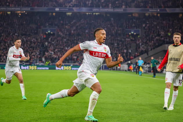 20.10.26 VfB Stuttgart - Atletico Madrid Deutschland, Stuttgart, 20.10.2026, Fussball, UEFA Champions League, Saison 2026 2027, VfB Stuttgart - Atletico Madrid: Jamie Leweling (VfB Stuttgart); Jubel Tor 1:0 Leweling.