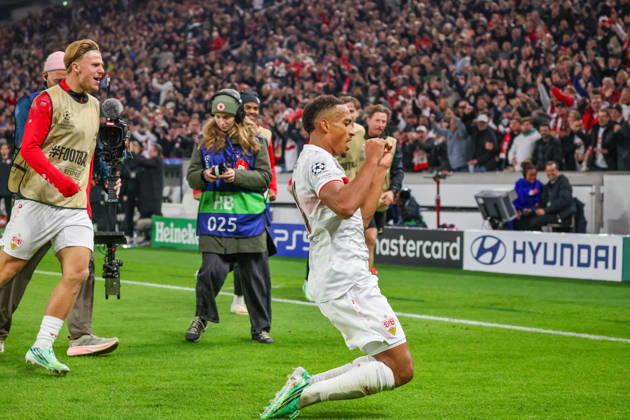20.10.26 VfB Stuttgart - Atletico Madrid Deutschland, Stuttgart, 20.10.2026, Fussball, UEFA Champions League, Saison 2026 2027, VfB Stuttgart - Atletico Madrid: Jamie Leweling (VfB Stuttgart); Jubel Tor 1:0 Leweling.