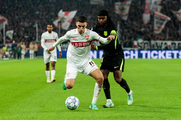 STUTTGART, GERMANY - OCTOBER 20: Bilal El Khannouss (VfB Stuttgart, 11) controls the ball against Ademola Lookman (Atletico de Madrid, 11) during the UEFA Champions League match between VfB Stuttgart vs. Atletico de Madrid at Arena Stuttgart on matchday 3 of the UEFA Champions League on October 20, 2026 in Stuttgart, Germany. Baden-Wuerttemberg Germany Copyright: xSteffiexWunderlx