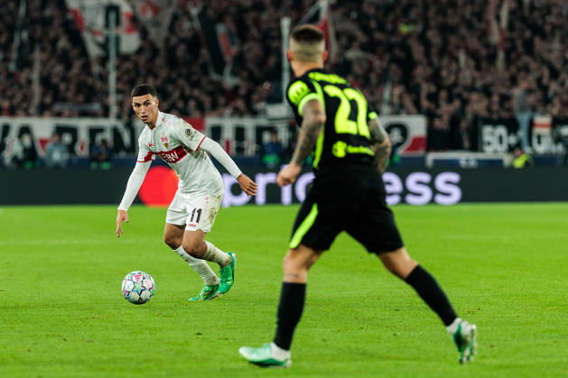 STUTTGART, GERMANY - OCTOBER 20: Bilal El Khannouss (VfB Stuttgart, 11) controls the ball against Lituba (Atletico de Madrid, 27) during the UEFA Champions League match between VfB Stuttgart vs. Atletico de Madrid at Arena Stuttgart on matchday 3 of the UEFA Champions League on October 20, 2026 in Stuttgart, Germany. Baden-Wuerttemberg Germany Copyright: xSteffiexWunderlx