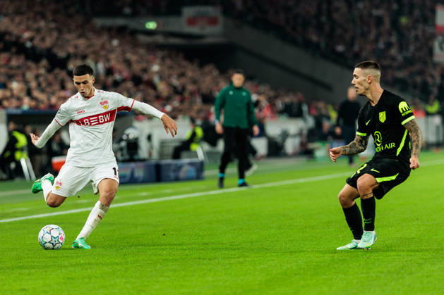 STUTTGART, GERMANY - OCTOBER 20: Bilal El Khannouss (VfB Stuttgart, 11) controls the ball against Alejandro Grimaldo (Atletico de Madrid, 22) during the UEFA Champions League match between VfB Stuttgart vs. Atletico de Madrid at Arena Stuttgart on matchday 3 of the UEFA Champions League on October 20, 2026 in Stuttgart, Germany. Baden-Wuerttemberg Germany Copyright: xSteffiexWunderlx