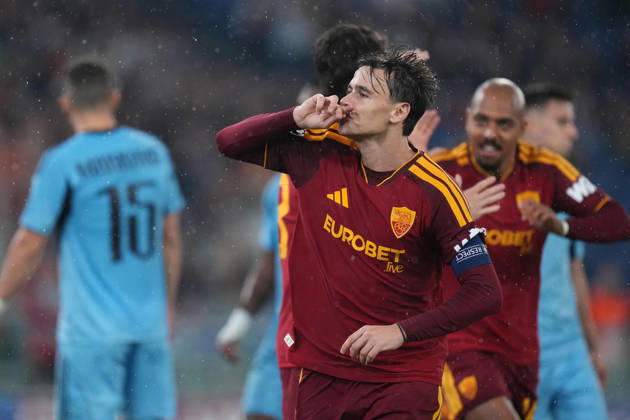 Roma’s Niccolo Pisilli celebrates after scoring during the UEFA Champions League Phase - Matchday 3 soccer match between AS Roma-Slovan Bratislava at the Rome s Olympic stadium, Italy - Tuesday October 20, 2026 - Soccer ( Photo by Alfredo Falcone LaPresse )  Copyright: xAlfredoxFalcone LaPressex