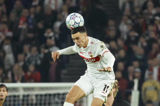 Bilal El Khannouss (VfB Stuttgart, 11) beim Kopfball , Deutschland, Fussball, UEFA Champions League, 3. Spieltag, 2026 2027, VfB Stuttgart vs. Atletico Madrid, 20.10.2026, Stuttgart Arena Stuttgart Deutschland Copyright: xGrantxHubbsx