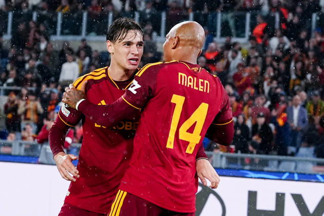 AS Roma v SK Slovan Bratislava - UEFA Champions League 2026 27 League Phase MD3 Niccolo Pisilli of AS Roma celebrates with Donyell Malen after scoring third goal during the AS Roma v SK Slovan Bratislava. - UEFA Champions League 2026 27 League Phase MD3 at Stadio Olimpico on October 20, 2026 in Rome, Italy Rome Stadio Olimpico Lazio Italy Copyright: xGiuseppexMaffiax 261020_UCL_Roma-SlovanBratislava_GM_01321