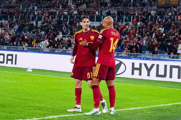 AS Roma v SK Slovan Bratislava - UEFA Champions League 2026 27 League Phase MD3 Niccolo Pisilli of AS Roma celebrates with Donyell Malen after scoring third goal during the AS Roma v SK Slovan Bratislava. - UEFA Champions League 2026 27 League Phase MD3 at Stadio Olimpico on October 20, 2026 in Rome, Italy Rome Stadio Olimpico Lazio Italy Copyright: xGiuseppexMaffiax 261020_UCL_Roma-SlovanBratislava_GM_01334