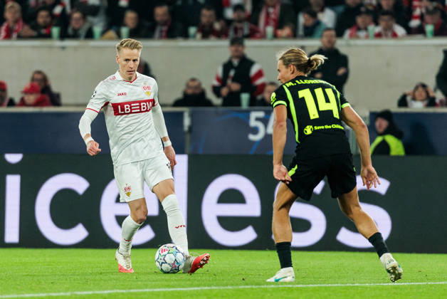 STUTTGART, GERMANY - OCTOBER 20: Chris Fuehrich (Führich, Fuhrich, VfB Stuttgart, 10) controls the ball against Marcos Llorente (Atletico de Madrid, 14) during the UEFA Champions League match between VfB Stuttgart vs. Atletico de Madrid at Arena Stuttgart on matchday 3 of the UEFA Champions League on October 20, 2026 in Stuttgart, Germany. Baden-Wuerttemberg Germany Copyright: xSteffiexWunderlx