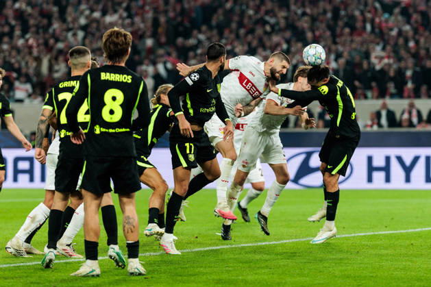 STUTTGART, GERMANY - OCTOBER 20: Jeff Chabot (VfB Stuttgart, 24) tries to score via header during the UEFA Champions League match between VfB Stuttgart vs. Atletico de Madrid at Arena Stuttgart on matchday 3 of the UEFA Champions League on October 20, 2026 in Stuttgart, Germany. Baden-Wuerttemberg Germany Copyright: xSteffiexWunderlx