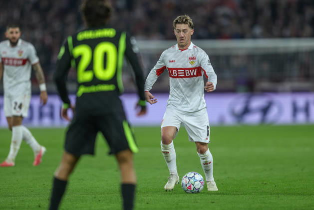 GER, Stuttgart, VfB Stuttgart vs Atletico Madrid, Fussball, UEFA, Spielzeit 2026 2027, Champions League, MHP-Arena, 3. Spieltag im Bild v.l.: Angelo Stiller (VfB Stuttgart 6) DFB DFL REGULATIONS PROHIBIT ANY USE OF PHOTOGRAPHS AS IMAGE SEQUENCES AND OR QUASI-VIDEO, 200.2026 Copyright: HMBxMedia HendrikxHamelau