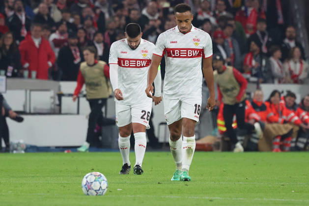 20.10.2026, xrekx, Fussball UEFA Champions League, VfB Stuttgart - Atletico Madrid v.l. Deniz Undav (VfB Stuttgart) Jamie Leweling (VfB Stuttgart) erzielt das Tor, Treffer, scores the goal zum 1:0 enttaeuscht, enttäuscht, schaut enttaeuscht, niedergeschlagen, disappointed Stuttgart