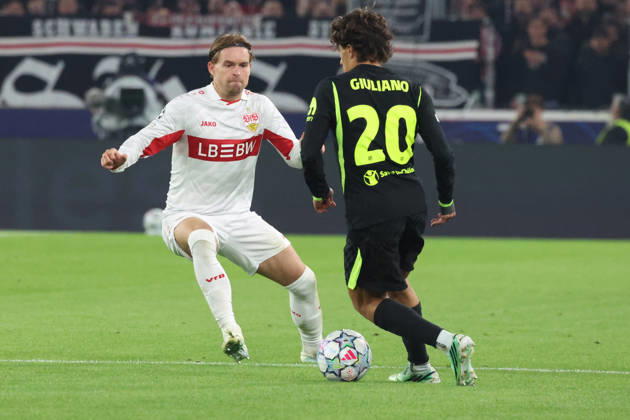 20.10.2026, xrekx, Fussball UEFA Champions League, VfB Stuttgart - Atletico Madrid v.l. Maximilian Mittelstädt (VfB Stuttgart) Giuliano Simeone (AtlÃ tico Madrid) Stuttgart
