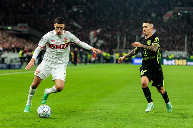 STUTTGART, GERMANY - OCTOBER 20: Bilal El Khannouss (VfB Stuttgart, 11) controls the ball against Alejandro Grimaldo (Atletico de Madrid, 22) during the UEFA Champions League match between VfB Stuttgart vs. Atletico de Madrid at Arena Stuttgart on matchday 3 of the UEFA Champions League on October 20, 2026 in Stuttgart, Germany. Baden-Wuerttemberg Germany Copyright: xSteffiexWunderlx