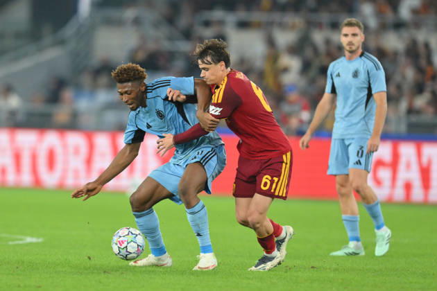 RECORD DATE NOT STATED 20th October 2026; Stadio Olimpico, Rome, Italy; UEFA Champions League Football, Roma versus Slovan Bratislava; Rahim Ibrahim of Slovan Bratislava under pressure from Niccolo Pisilli of Roma AllShotLive