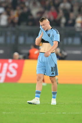 RECORD DATE NOT STATED 20th October 2026; Stadio Olimpico, Rome, Italy; UEFA Champions League Football, Roma versus Slovan Bratislava; Nino Marcelli of Slovan Bratislava shows his disappointment AllShotLive