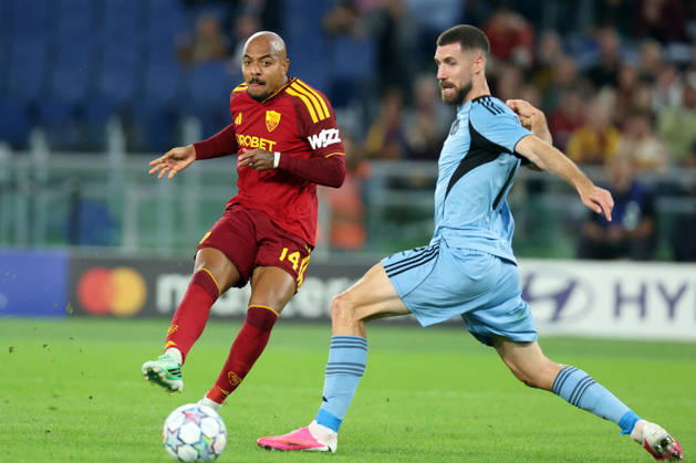 SOCCER - UEFA Champions League - AS Roma vs. Slovan Bratislava Photo by IPA ABACAPRESS.COM89963810 - Rome, Italy - October 20, 2026: Donyell Malen (center forward) of AS Roma and Kenan Bajric (center back) of SK Slovan Bratislava in action during a 2026-2027 UEFA Champions League soccer match between AS Roma and SLOVAN BRATISLAVA at the Olympic Stadium in Rome. Roma Italy  Copyright: xIPAxSport ABACAx