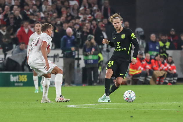 Stuttgart 20.10.2026. Pilka nozna Liga Mistrzow UEFA sezon 2026 2027 kolejka 3 mecz: VfB Stuttgart - Atletico Madryt --- Football UEFA Champions League season 2025 2026 round 3 match: VfB Stuttgart - Atletico de Madrid nz Morten Hjulmand Fot. Kacper Staniec NEWSPIX.PL --- newspix.pl 