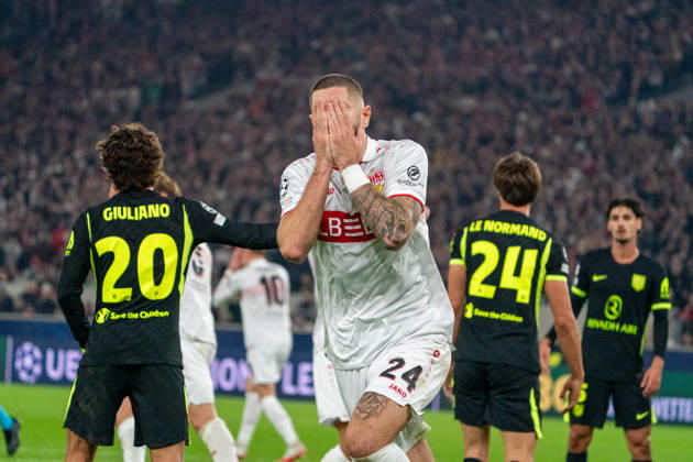 Jeff Chabot (VfB Stuttgart, 24) seen during UEFA Champions League 2026 2027 league phase game between teams of VfB Stuttgart and Atletico Madrid (Pia Schindler Ball Raw Images) Stuttgart MHP Arena Germany Copyright: xPiaxSchindlerx piaschindler_vfbstuttgart_atletico_00031