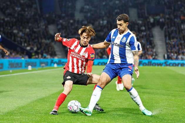 (L-R) Kodai Sano (PSV), Jakub Kiwior (Porto), OCTOBER 20, 2026 - Football Soccer : UEFA Champions League League phase matchday 3 between FC Porto - PSV Eindhoven at the Estadio do Dragao in Porto, Portugal. Noxthirdxpartyxsales  aflo_357737431 MutsuxKawamorix
