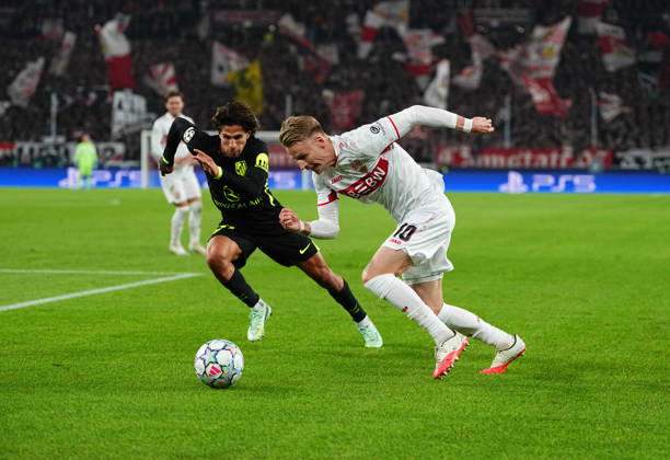 Chris Fuhrich (VFB Stuttgart) and Giuliano Simeone (Atleti) during VfB Stuttgart and Atlético Madrid, League Phase UEFA Champions League, at MHPArena, Stuttgart, Germany on October 20, 2026. DeFodi Images. -